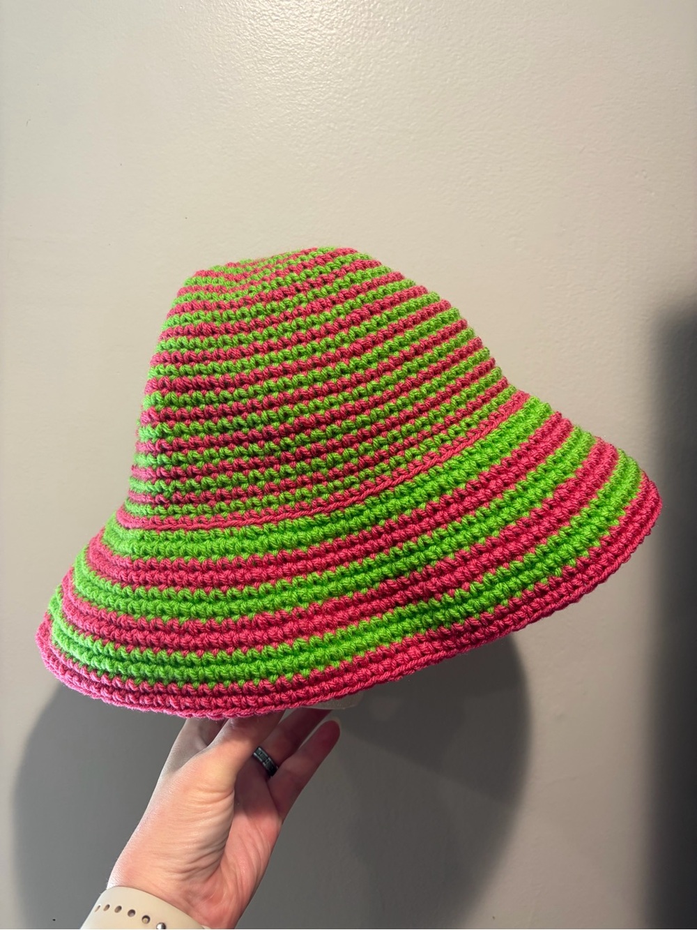 Handmade Crochet Bucket Hat Pink & Green Striped Summer Beach Sun Hat - Picture 3 of 4